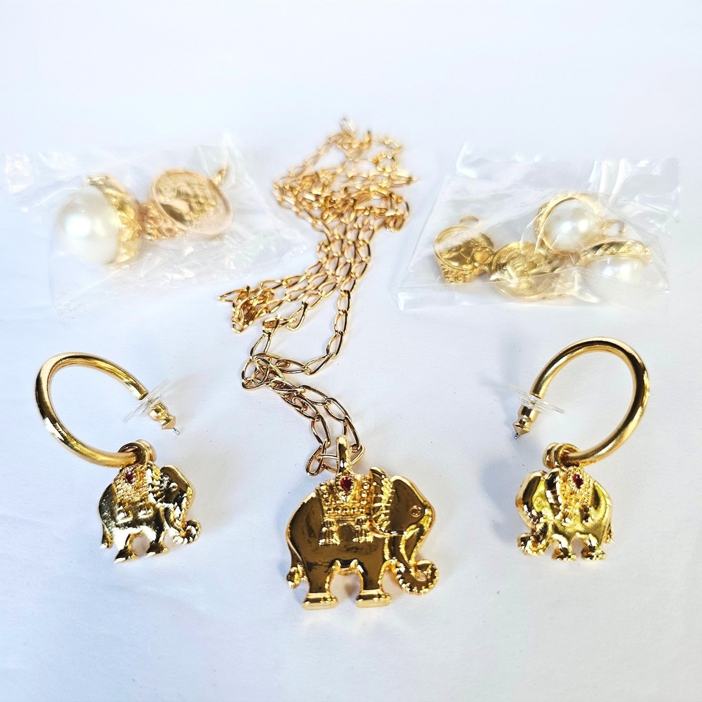 Vtg‎ Boho Convertible Charm Pendant Earrings Gift Set Gold Elephant Coin Pearl